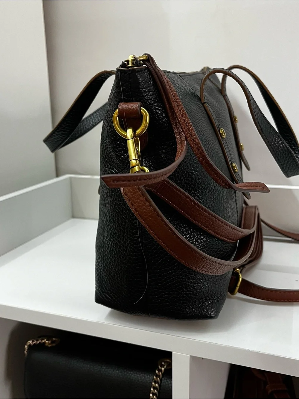 FOSSIL Black Brown Sydney Ryder Satchel Tote Crossbody Handbag Bag
